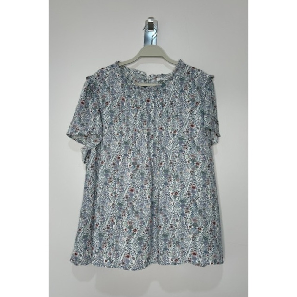 Rose + Olive Womens Floral Ruffle Neck Short Sleeve Blouse Blue‎ Pink 2X